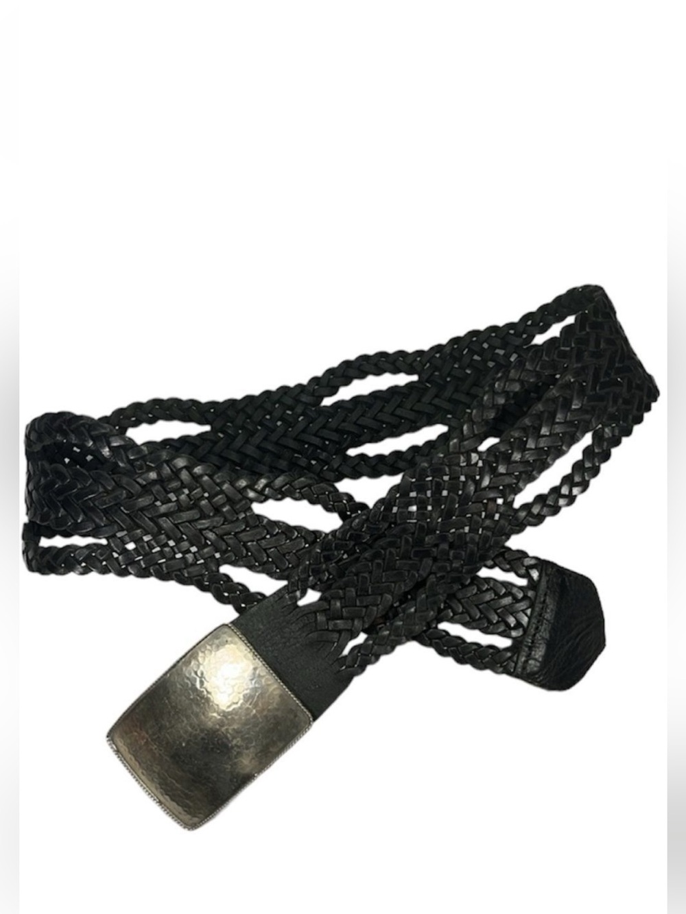 Boho Wide Braided Leather Belt, Hammered Metal Buckle